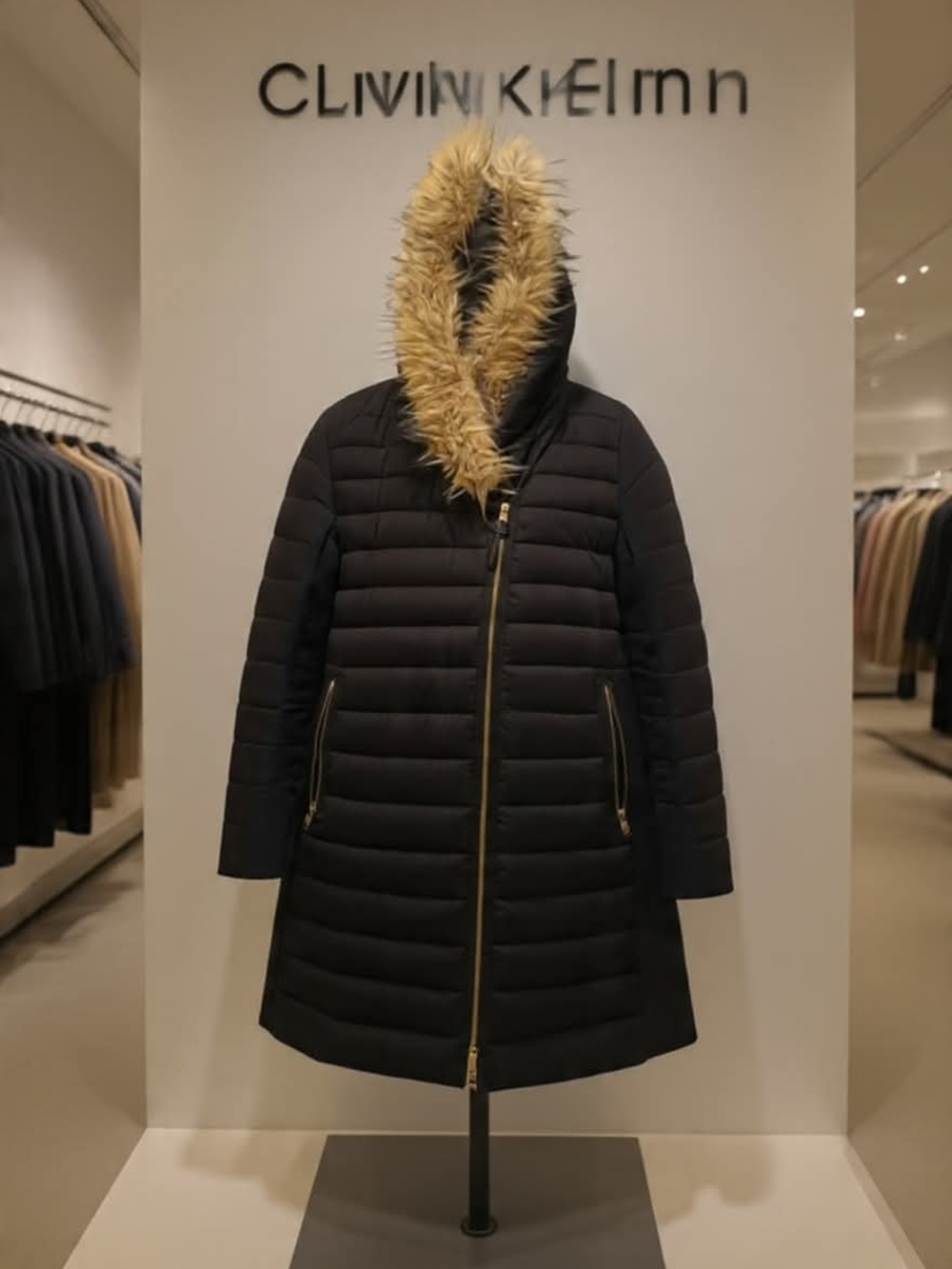 Calvin Klein Black Quilted Hooded Puffer with Faux Fur Trim